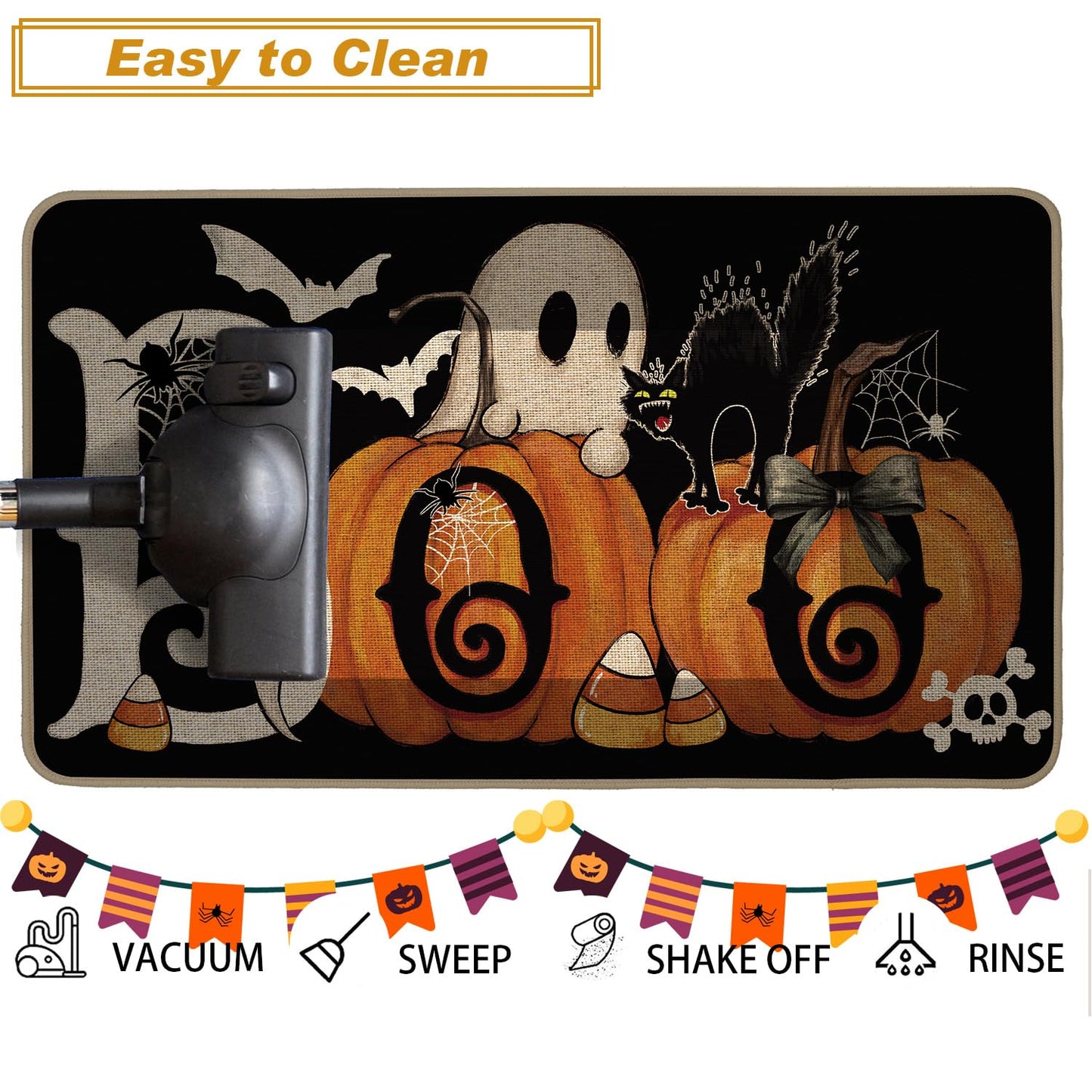 Baccessor Halloween Kitchen Mats Set of 2, Ghost Pumpkin Cat Spider Web Bat Boo Kitchen Rugs for Floor Low-Profile Farmhouse Fall Halloween Party Home Decor 17x29 and 17x47 Inch