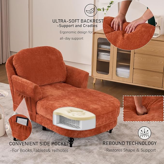 Chaise Lounge Chair Indoor, 59.8"Oversized Couch Reading Chairs, Chenille