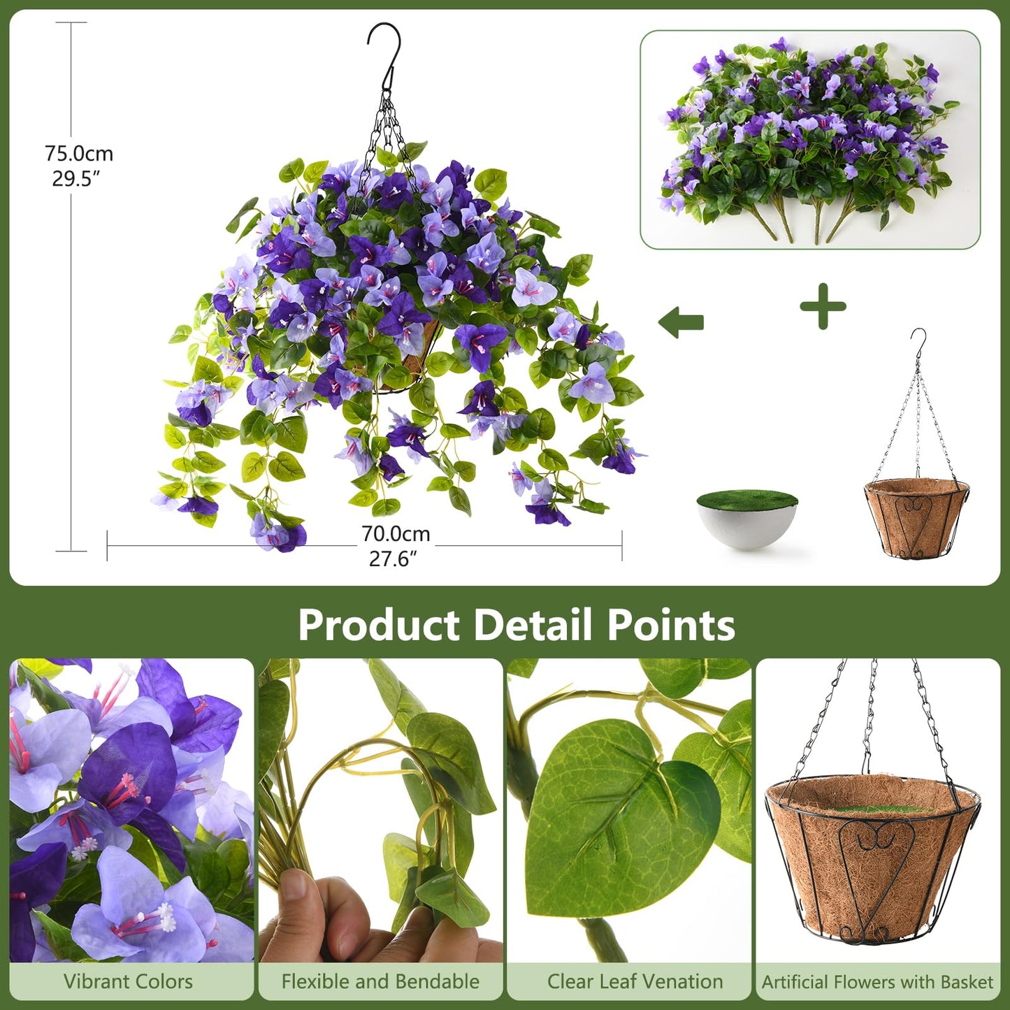 Homsunny Artificial Fake Hanging Flowers Plants Basket for Outdoor Decoration, Faux Silk Flower Bougainvillea Planter Look Real UV Resistant for Home Porch Patio Balcony Yard Spring Decor(Purple)