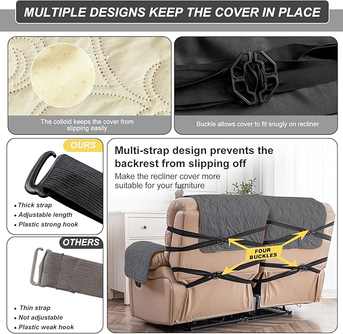 100% Waterproof Loveseat Recliner Cover, 4-Piece Split Reclining Couch Covers