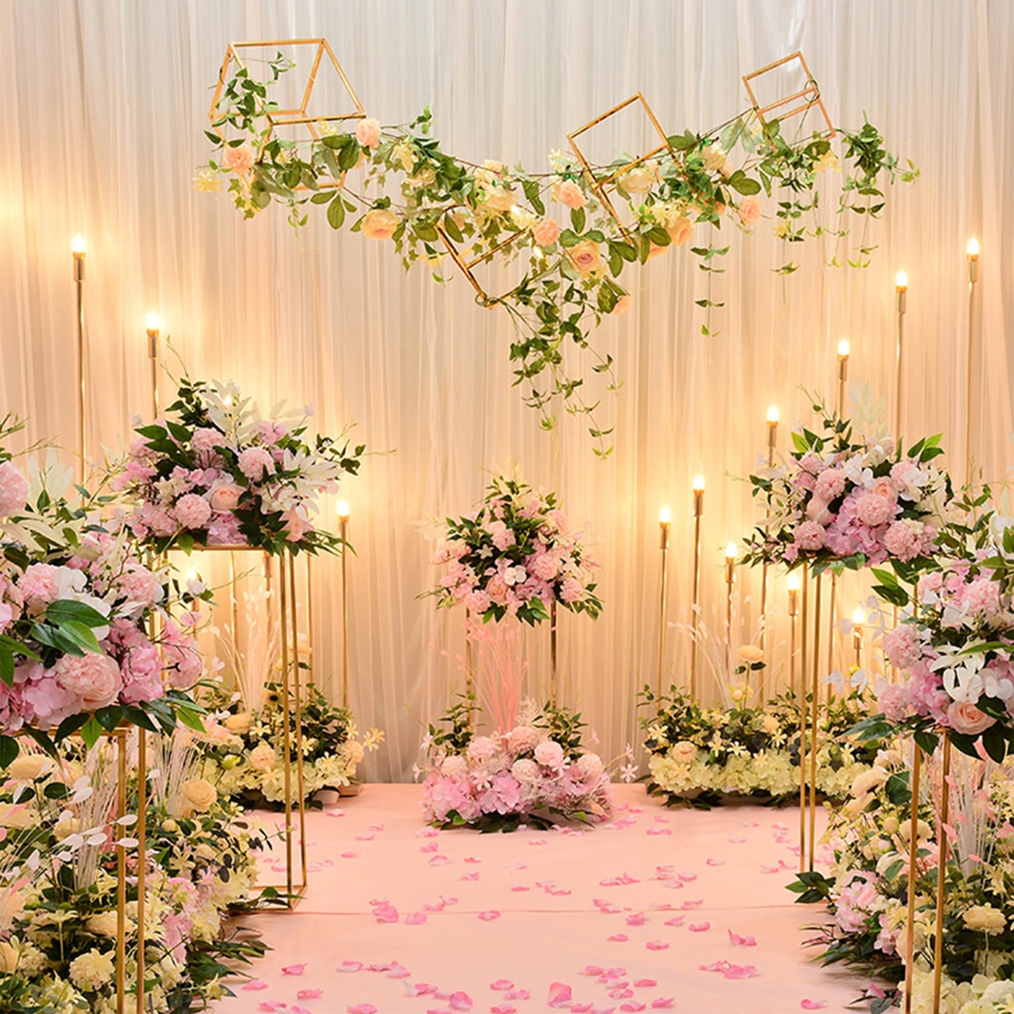 Gold Wedding Flower Stands, Set of 2 Metal Vases Column Geometric Wedding Table Display Centerpieces 31½ inches Tall Floral Decoration Holders for Wedding Party Decor