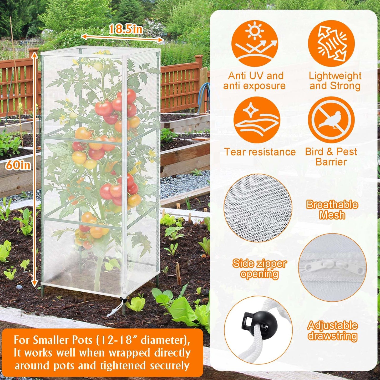 3Pack Garden Netting Cover for Square Tomato Cage, 60"x18.5"Bird Netting Barrier with Zipper Drawstring Tomato Trellis Net Mesh Climbing Plant Cover for Protecting Vegetable Fruits from Animals Insect