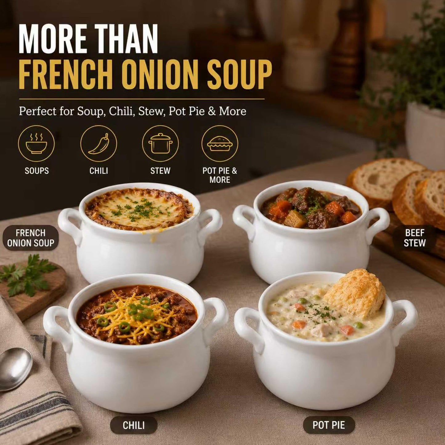 20oz French Onion Soup Bowls with handles Set of 4, 2 Mitts & 4 Spoons Included, Ceramic Oven Safe,Perfect for Soups, Chicken, Vegetable, Beef, Oatmeal, Chili, Corn, Clam, Pumpkin & More (White)