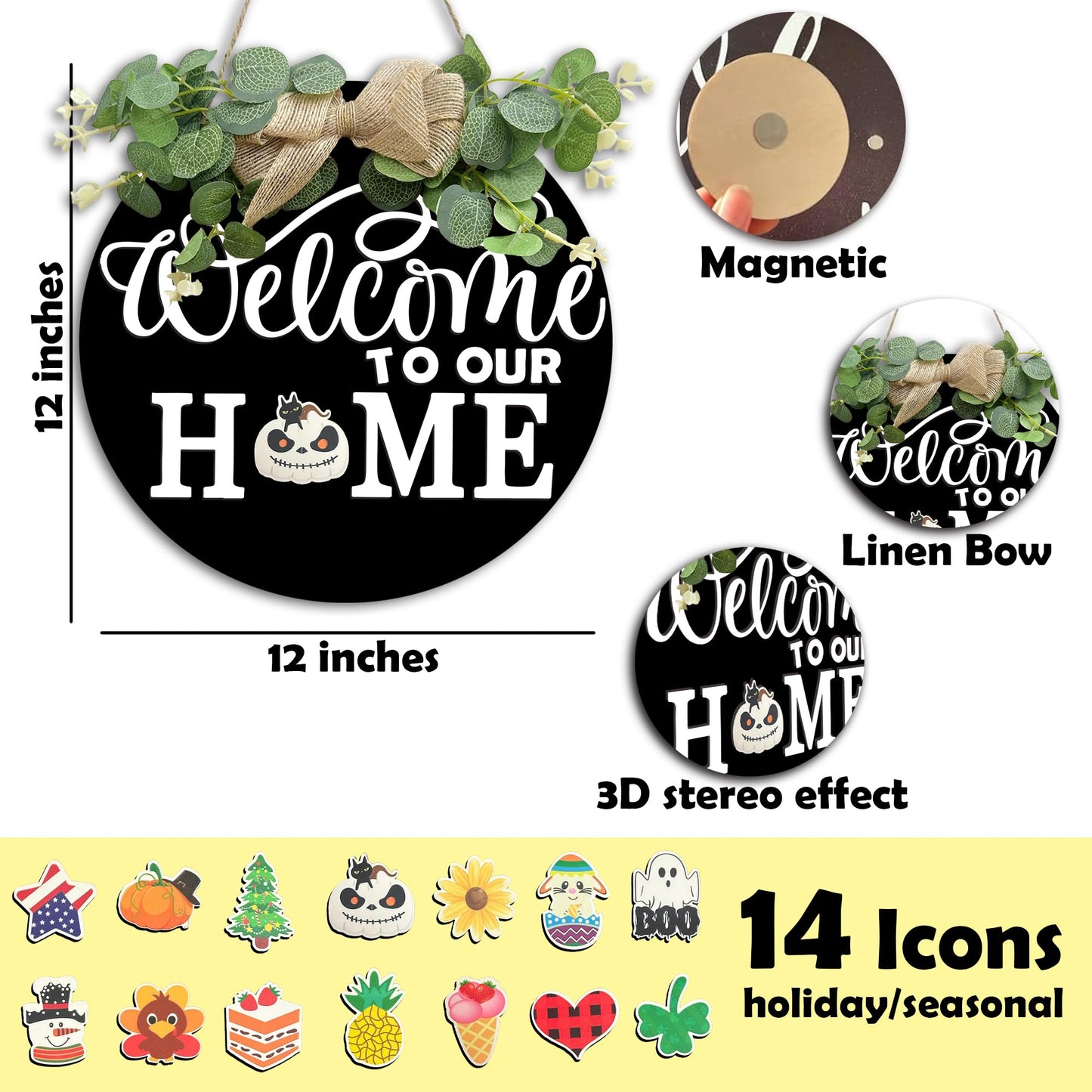 Seasonal Welcome Wood Sign - Rustic Round Wreaths Sign - Interchangeable Front Door Porch Wall Hanging Outdoor Decor - Seasons Holiday Halloween Christmas - Housewarming Gift For Family（Black） - A02