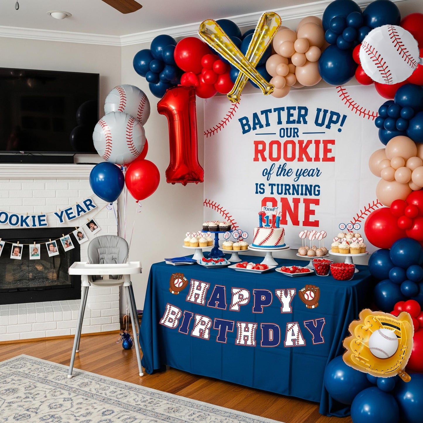 Baseball Birthday Party Decorations Navy Blue Red Nude Balloon Arch With Baseball Bat & Glove Balloons and Happy Birthday Banner For Sports Rookie year 1st birthday Baby Shower Supplies Decoration