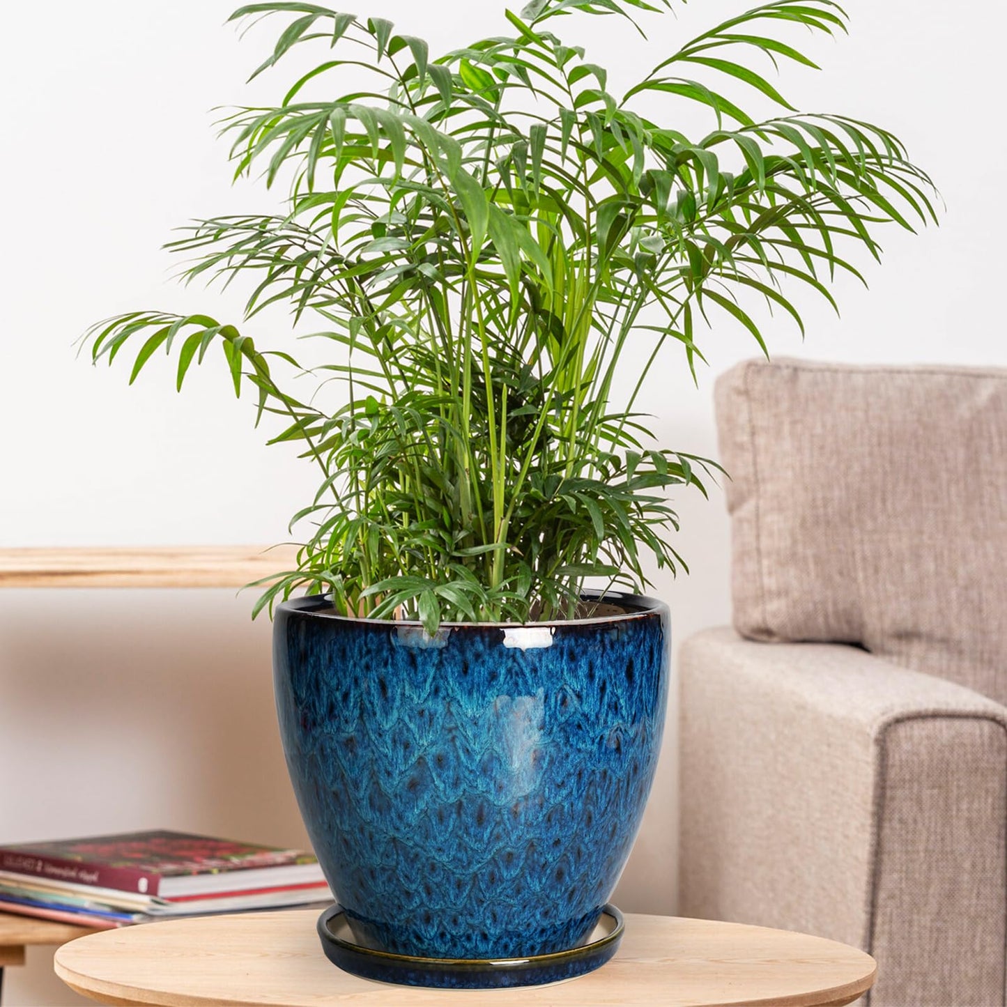 EPFamily 8 Inch Ceramic Planter Pot with Drainage Hole and Saucer, Ceraimc Plant Pot Round Flower Pot for Indoor Plants Outdoor Garden Planter, Blue