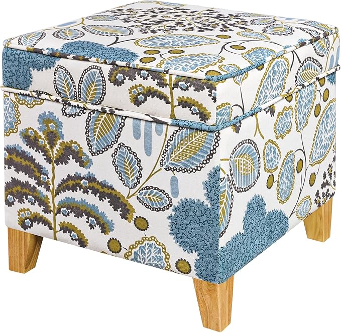 Adeco 18 Inch Linen Storage Ottoman Cube, Upholstered Footstool