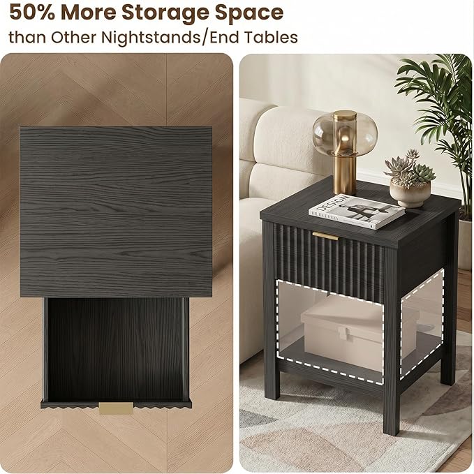 Fluted Night Stand with Golden Handle, Mid-Century Nightstands with Drawer