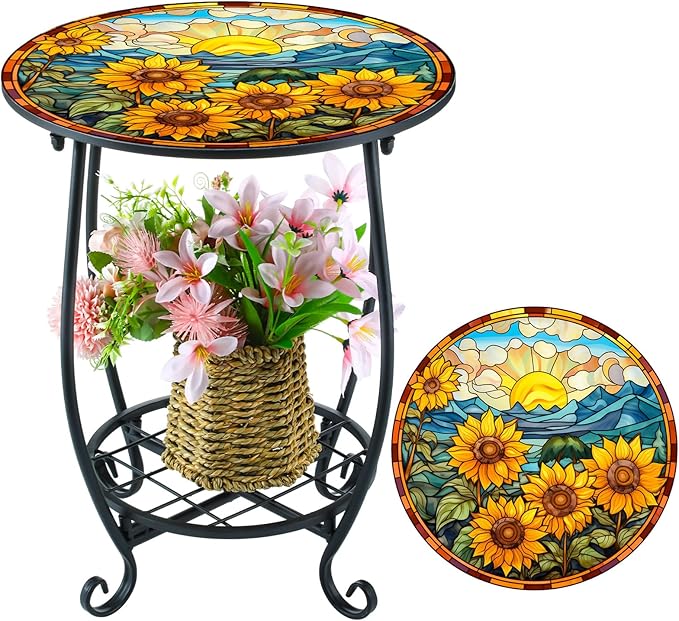 Cinnvoice Outdoor Side Table Round Small Mosaic Patio Accent Indoor End Plant