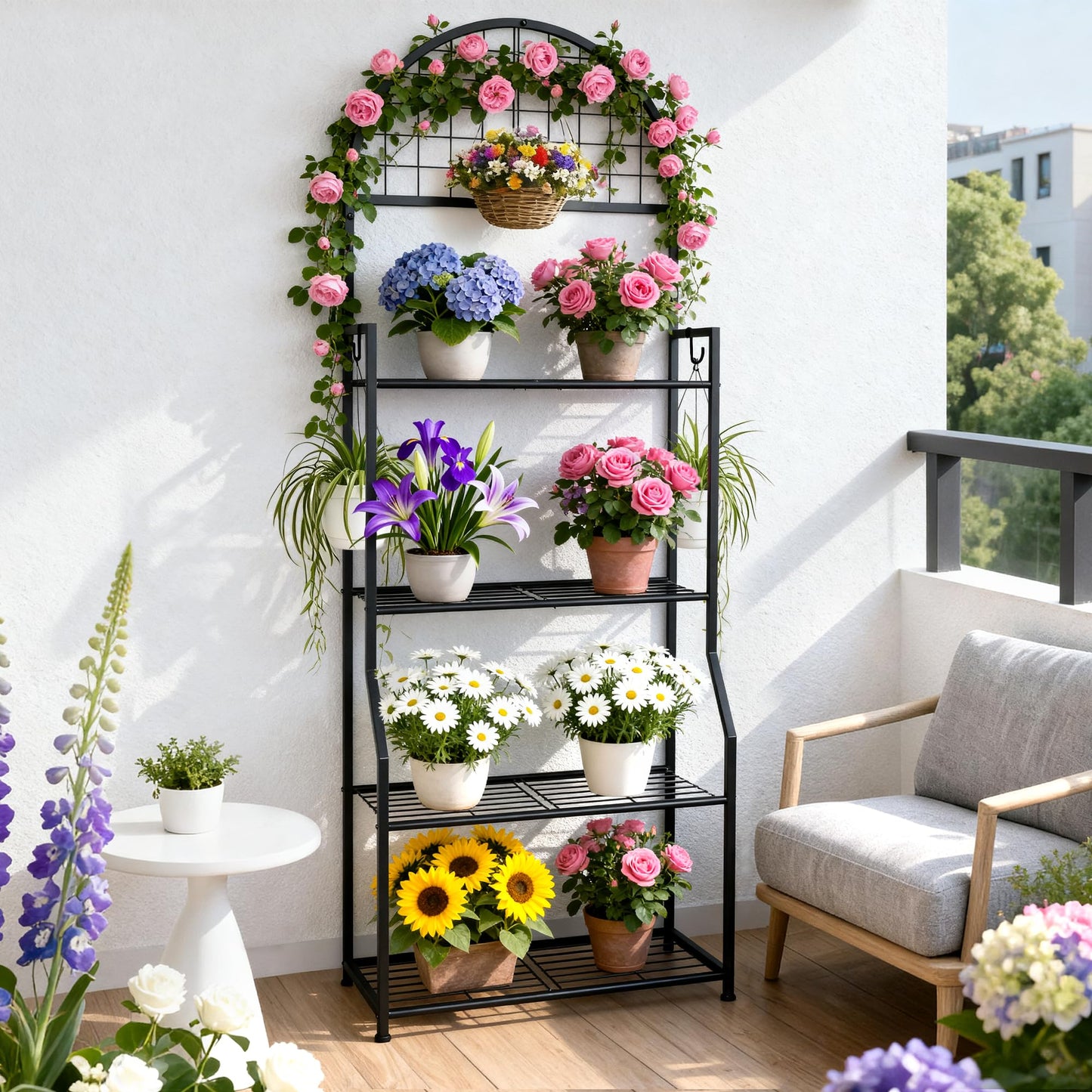 VGMiu 4 Tier Plant Stand Indoor Outdoor, Metal Plant Display Stand Plants Shelf Rack for Multiple Plants, Black Flower Plante Pots Holder for Patio Garden Balcony Living Room