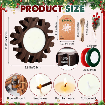 Potchen 1 Set Wooden Christmas Bowl Candle Gifts 14oz Large Rustic Wood Christmas Dough Bowl Candle with Berries Pine Label for Xmas Farmhouse Table Centerpiece Decor, 11.81 x 9.84 in(Snowflake)