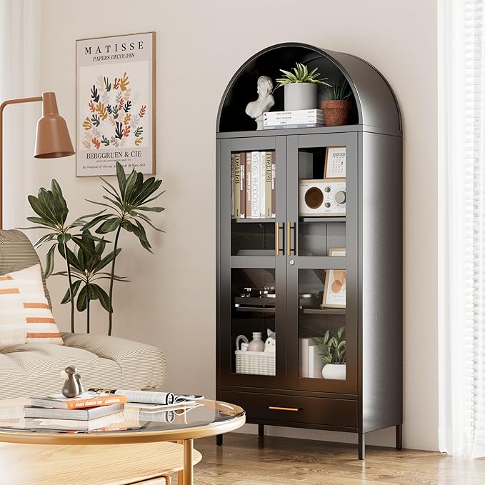 Arched Cabinet with Glass Doors, Modern Kitchen Pantry Cabinet with 2
