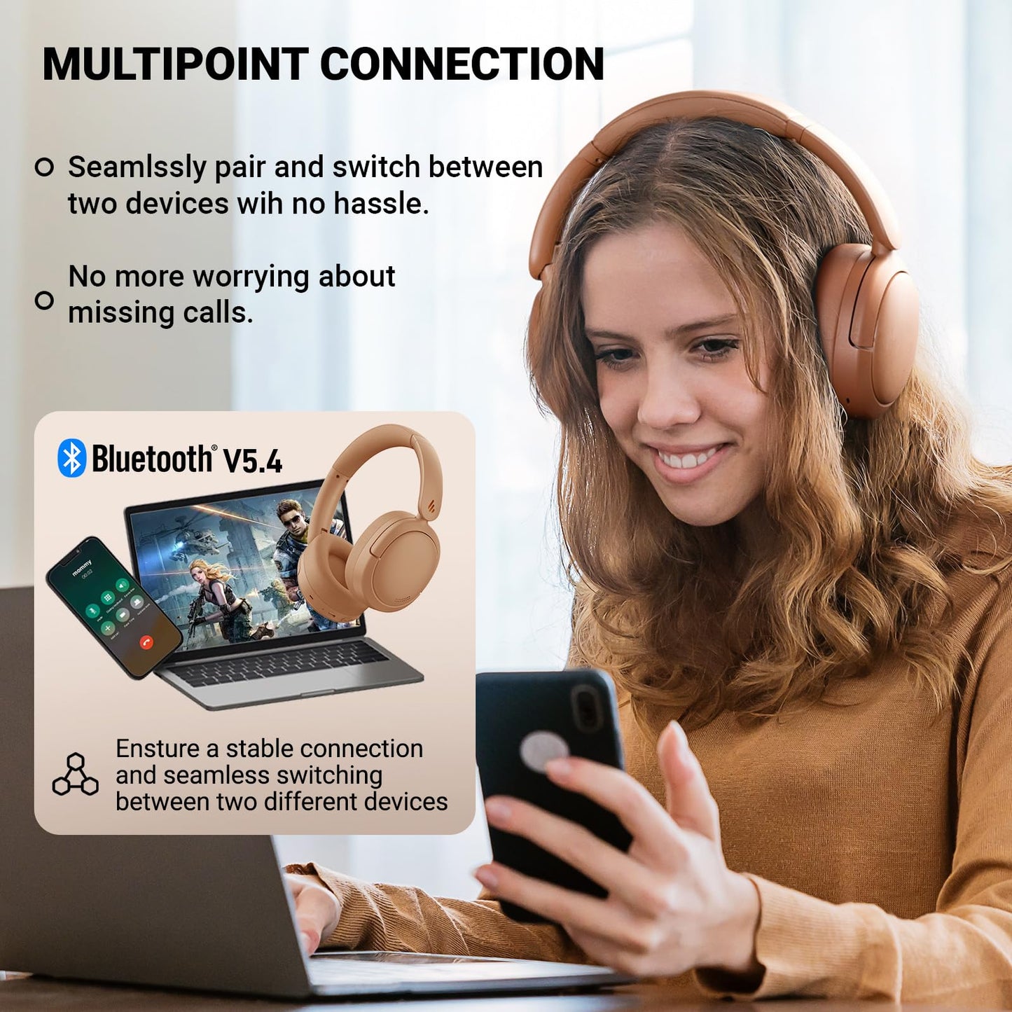 Edifier V80 Hybrid Active Noise Cancelling Headphones, True Wireless Over Ear Bluetooth Headset with 45H Playtime Hi-Res Audio Fast Charging Multipoint Connection for Travel Home Office (Brown)
