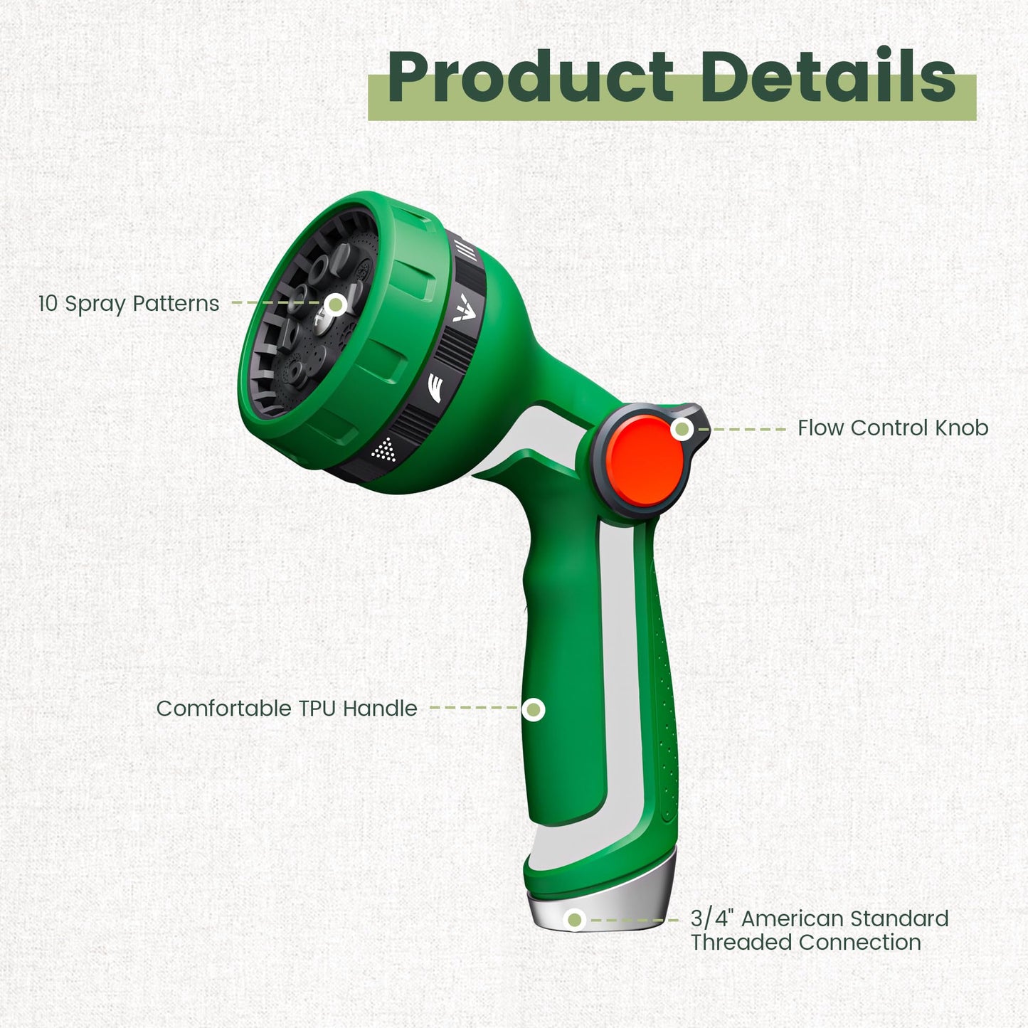 GEWIMI Heavy Duty Metal Garden Hose Nozzle, Thumb Control High Pressure Water Sprayer with 10 Adjustable Patterns, On Off Valve for Watering Plants & Lawns, Car Washing and Pet Showering
