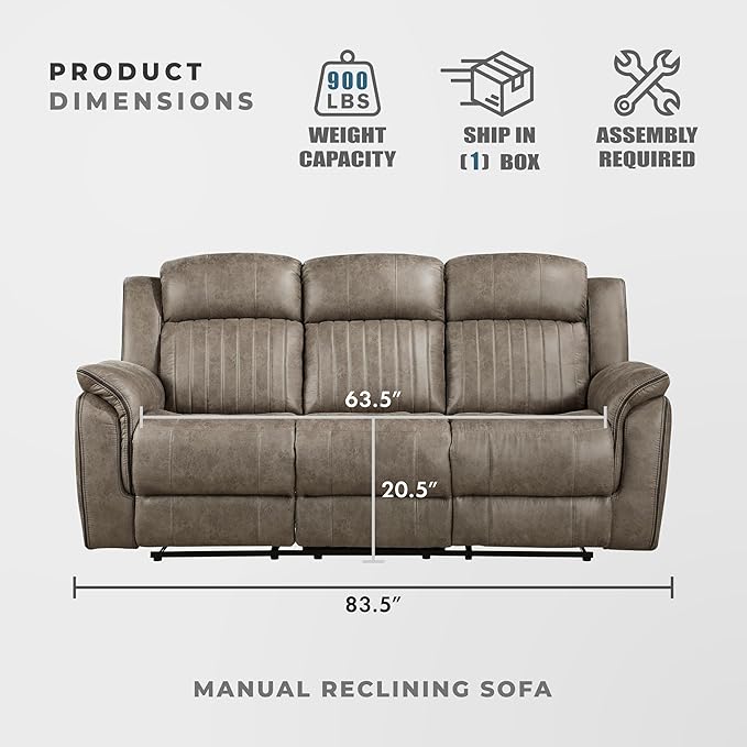Lexicon 83.5" W Manual Double Reclining Sofa, Polished Microfiber Recliner Sofa