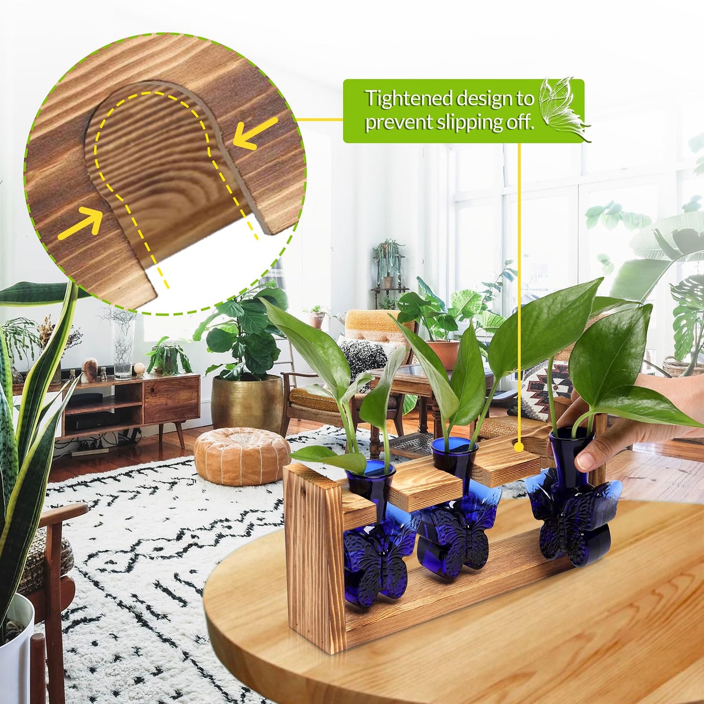 Glass Plant Propagation Station Butterfly Planter Vase with Wooden Stand Birthday Gifts for Women Mom Plant Lovers Office Home Decoration