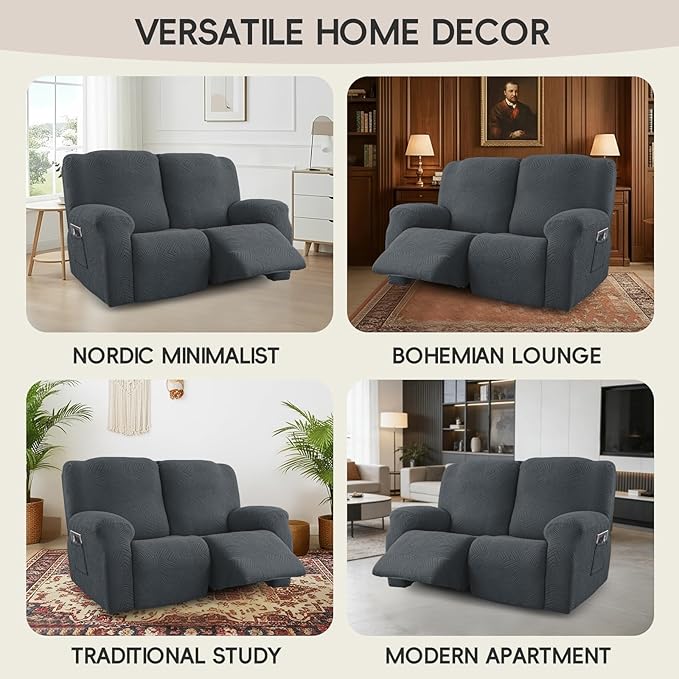 Recliner Loveseat Covers, 4-Piece Stretch Geometric Strokes Jacquard Reclining