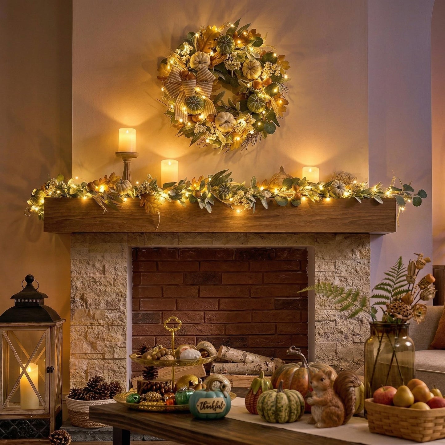 Valery Madelyn Fall Garland for Mantle, 9ft Lambs Ear Leaves Garland with Lights White Pumpkins Thanksgiving Table Centerpiece, Fall Autumn Decorations for Home Porch Fireplace Outdoor Halloween Decor