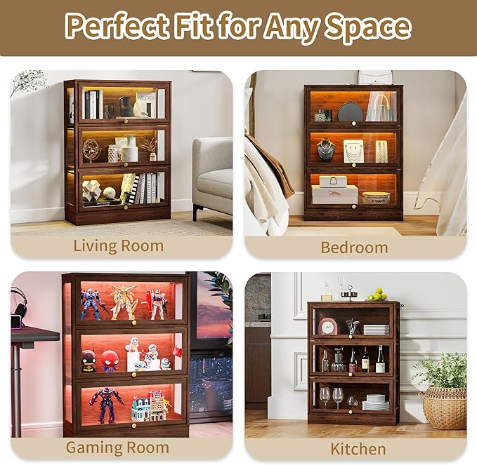Display Cabinet with Acrylic Glass Doors, 3-Tiers Curio Cabinet with LED