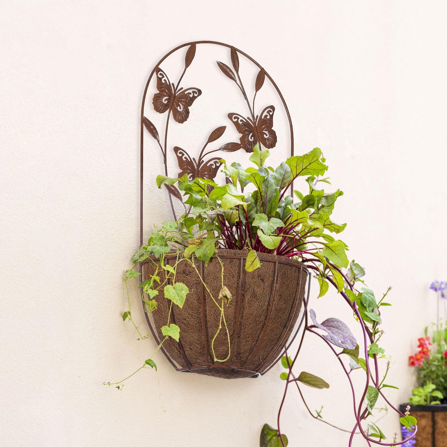 BAYN 2PKs Wall Hanging Planter Decor Art with Flower, Metal Wall Mounted Planters Indoor Outdoor Wall Planter for Succulent Herb Home Garden Yard