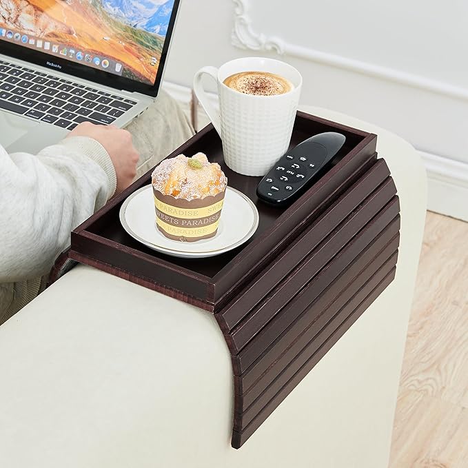 GEHE Bamboo Sofa Arm Tray, Foldable Couch Arm Tray Side Table, Anti-Falling