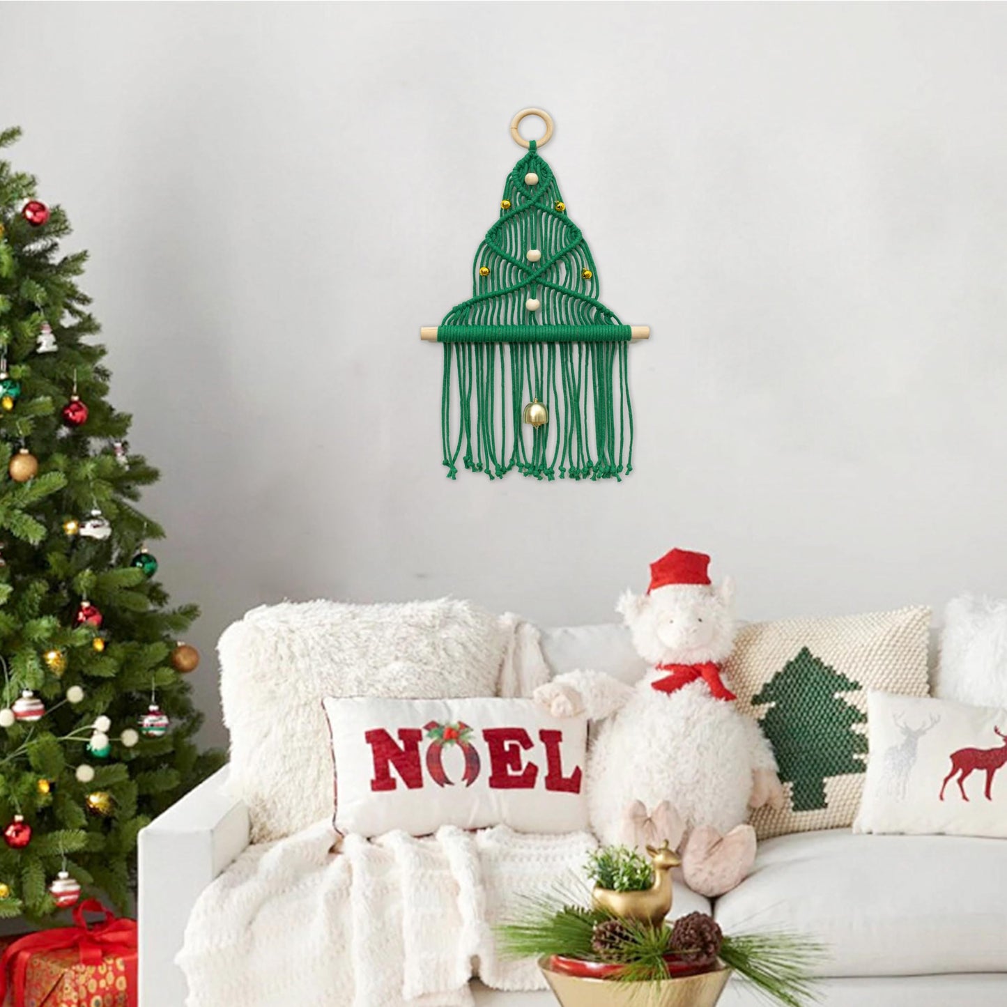 HVEST Green Macrame Christmas Tree Wall Hanging- Macrame Christmas Ornaments- Boho Xmas Gifts- Handmade Woven Tapestry for Bedroom Living Room Holiday Decorations, 16L X 10W