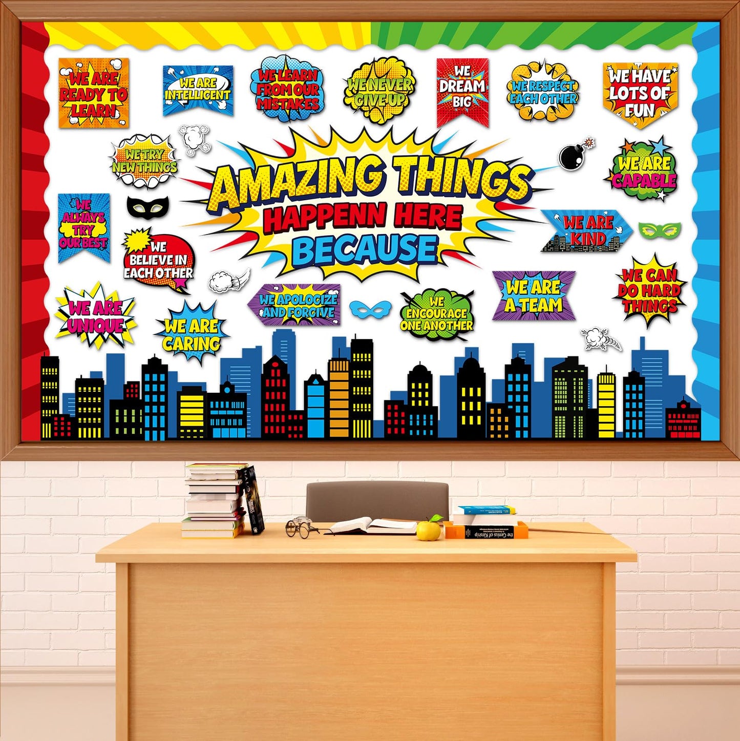 Hero Themed Bulletin Board Set Amazing Things Happen Here Classroom Decoration Motivational Positive Affirmation Super Themed Paper Cutouts for Tropical School Chalkboard Wall Decor Supplies