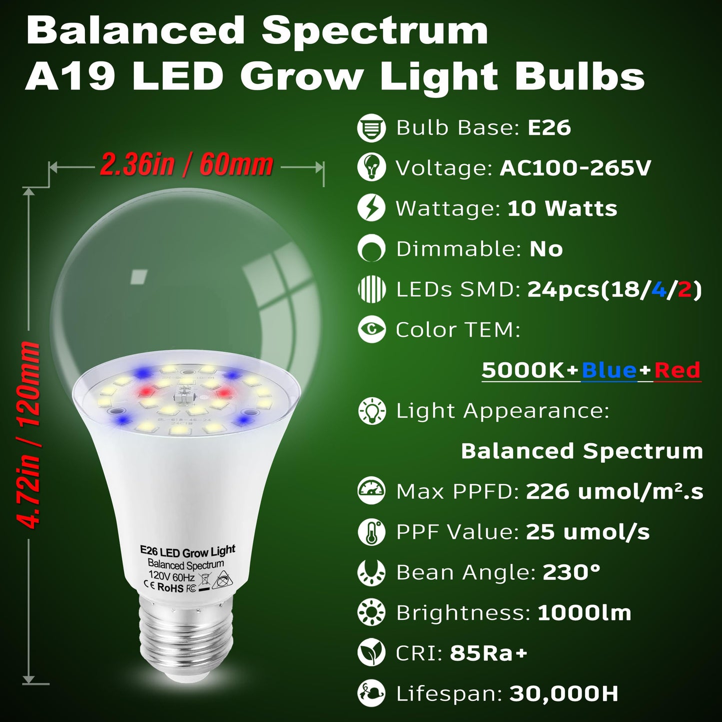 Grow Light Bulbs for Indoor Plants Full Spectrum,E26 A19 Grow LED Lamp Bulb 10W with Balanced Spectrum 5000K Red Blue for Seeds Greens Laboratory,School,Greenhouse, Indore Garden, Hydroponic,3Pack