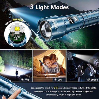 WdtPro LED Rechargeable Flashlight 2 Pack, 3 Modes Super Bright High Lumens Flashlights, Zoomable Tactical Flash Light with LCD Display, IP65 Waterproof Flashlights for Home Emergency Camping - Blue