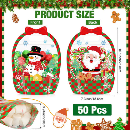 Fuutreo 50 Pcs Christmas Gift Bags Transparent Santa Sealing Pouches with Handles Resealable Merry Christmas Plastic Favor Bags for Holiday Party Candy Gift Wrapping Supplies Decoration(Xmas)