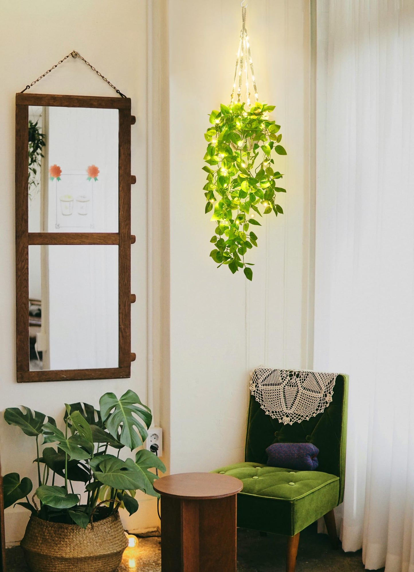 Mkono Fake Hanging Plant with Lights, Artificial Plants for Home Decor Indoor Macrame Plant Hanger with Fake Vines Greenery for Bedroom Bathroom Kitchen Office Decor (1)