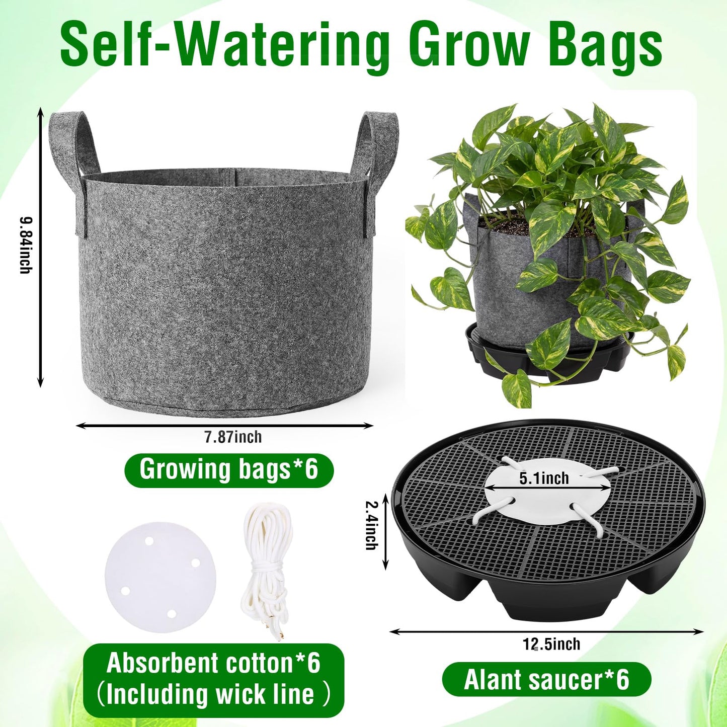 Jingmore 6 Set Self Watering Fabric Pot Base 3 Gallon Plant Nonwoven Grow Bags Automatic Watering System Plant Saucer Elevated Flower Trays with Handles for Fruits Vegetables Flowers Grow(Grey)