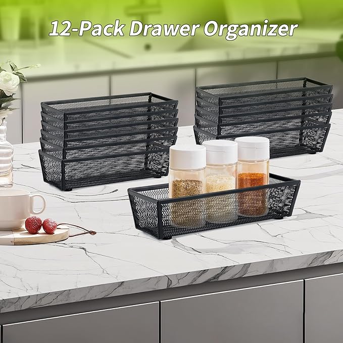 Neudeco Silverware Organizer, Black, 9 x 3 x 2 inch, Pack of 12 | Mesh Drawer Organizer, Metal Construction, For Kitchen Utensils & Flatware, Multi-Purpose Use