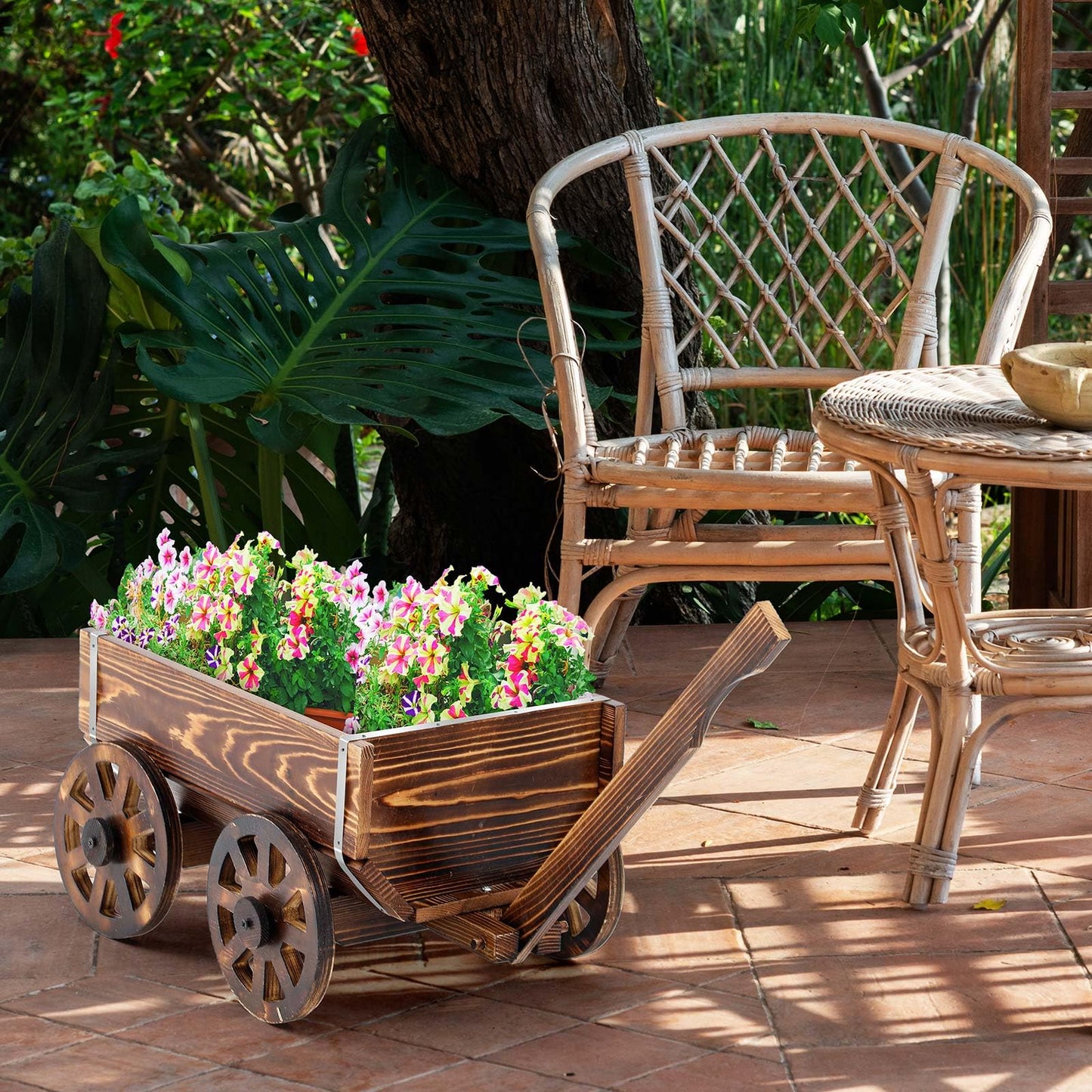 Beeveer Wooden Wagon Flower Planter Cart Garden Planter Box with Wagon Wheels Cart for Home Garden Outdoor Balcony Decorative, Patio Flowers Herbs Vegetables, Brown 34 x 23.5(Small Classic)