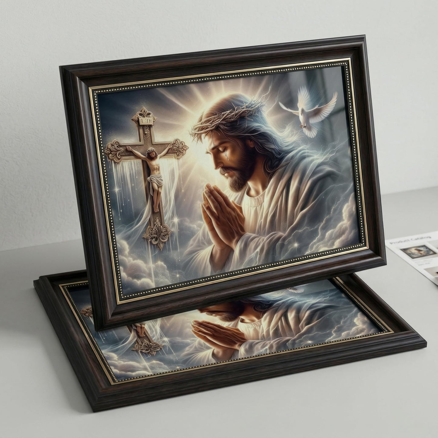 Dark Brown Framed Jesus Praying Canvas Wall Art Good Friday Wall Decor Picture Christian The Cross Carrier Pigeon Poster Print Painting for Church Prayer Room Living Room Bedroom Home Decoration