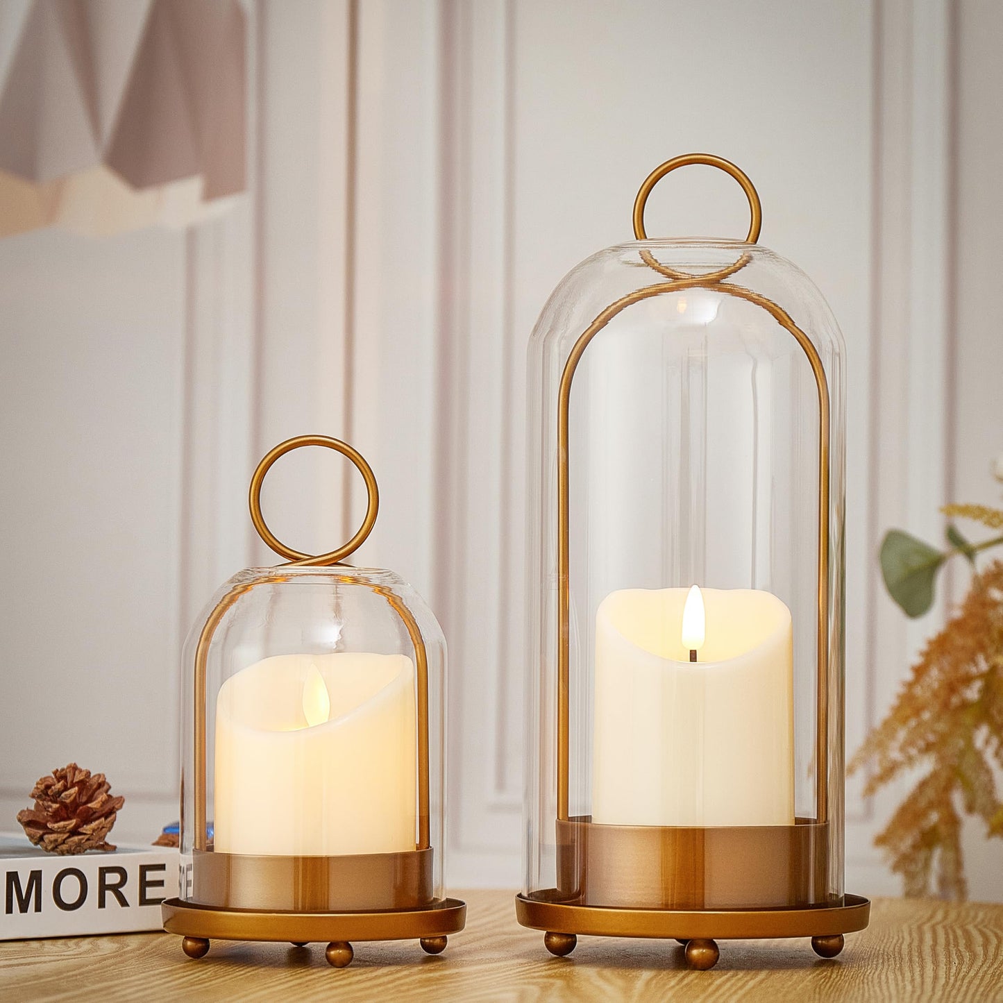 Gdfmsc Hurricane Metal & Glass Candle Holder Set of 2 with Timer Candles, Decorative Candlestick Pillar Holder with Clear Glass for Wedding Party Holiday Dining Table Centerpiece Lanter, Gold