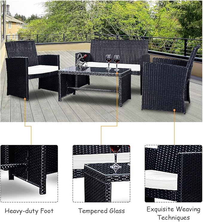 Goplus 4-Piece Rattan Patio Furniture Set, Outdoor Wicker Conversation Sofa