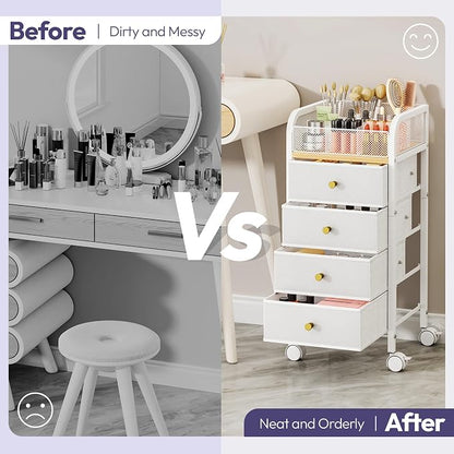 SWTYMIKI Rolling Makeup Organizer Cart - Under Desk Vanity Makeup Storage with 4 Non-woven Drawers, Nail Cart Organizer Cosmetic Display Cases Cabinet for Skin Care Perfume Nail Polish Brush Hair Tool