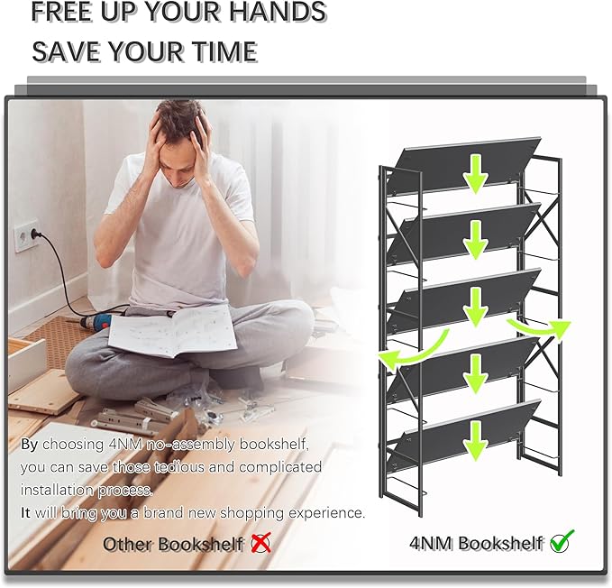 4NM Extra Wide 5 Tiers No Assembly Book Shelves, 51.2" H Folding Bookshelf