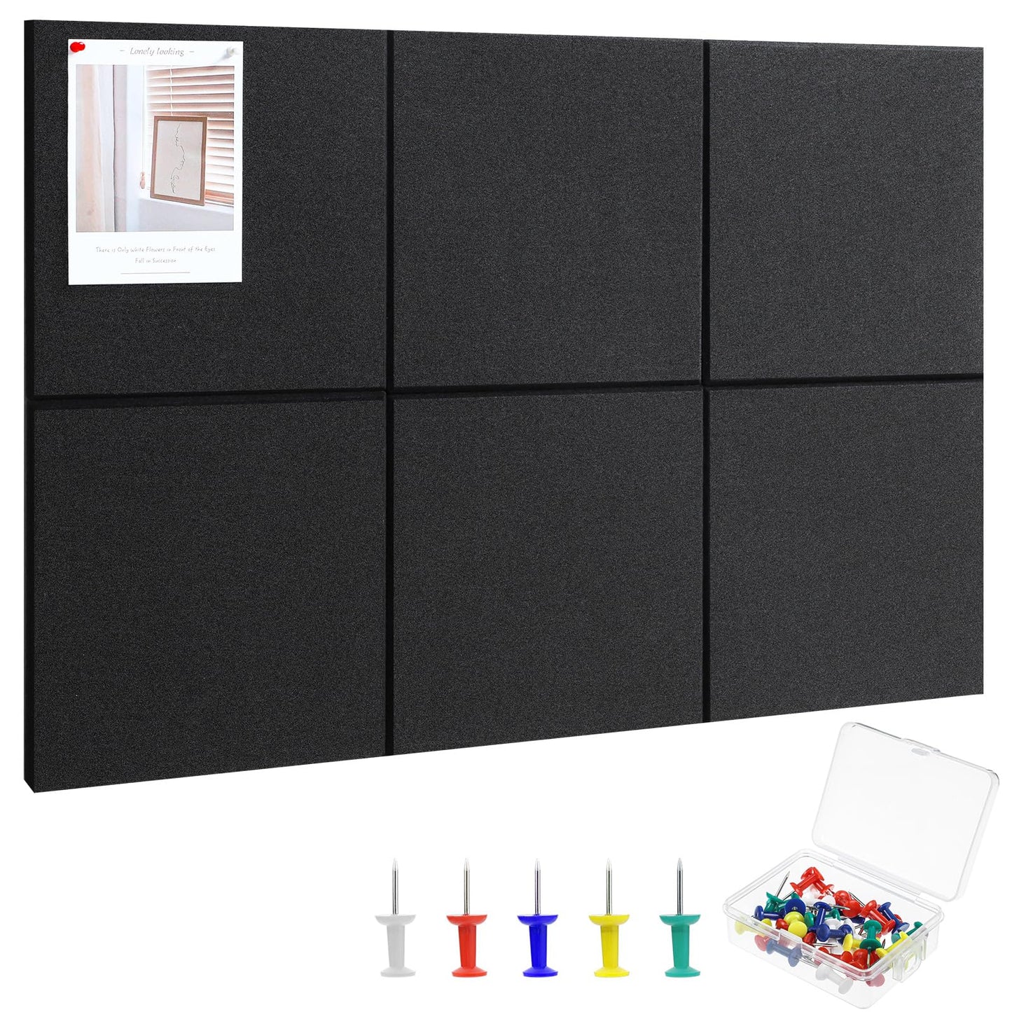Large Cork Board 36" x 24", 6 Pack Felt Bulletin Board with 30 Pushpins, Cork Boards Alternative with Self-Adhesive Strips, Felt Wall Tiles Pin Boards for Walls Office Home School Decor-Black