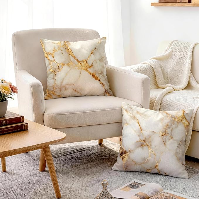 OBSEDE Gold Foil Marble Decorative Throw Pillow Covers 18 × 18 in, Couch