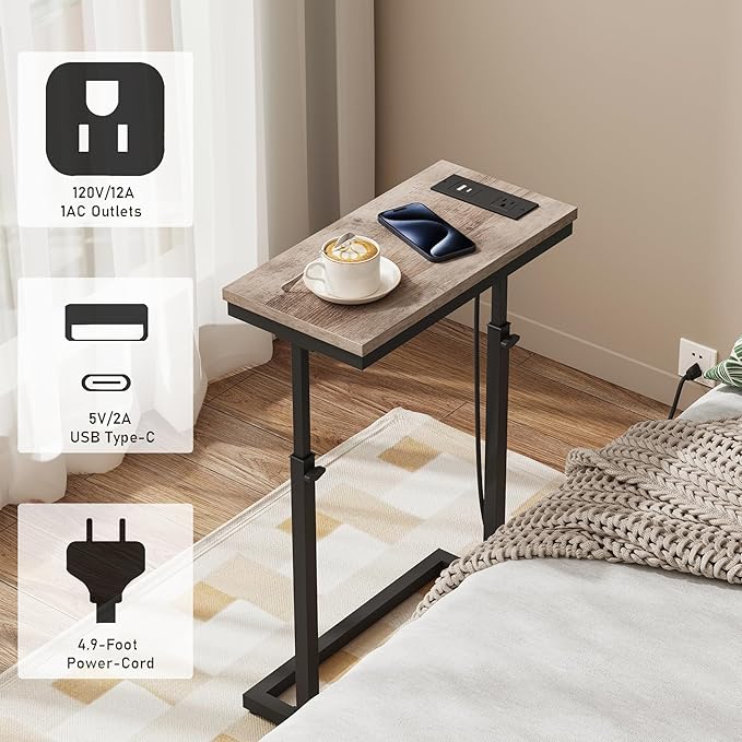 TUTOTAK End Table with Charging Station, Side Table, Tall Couch Table, Sofa