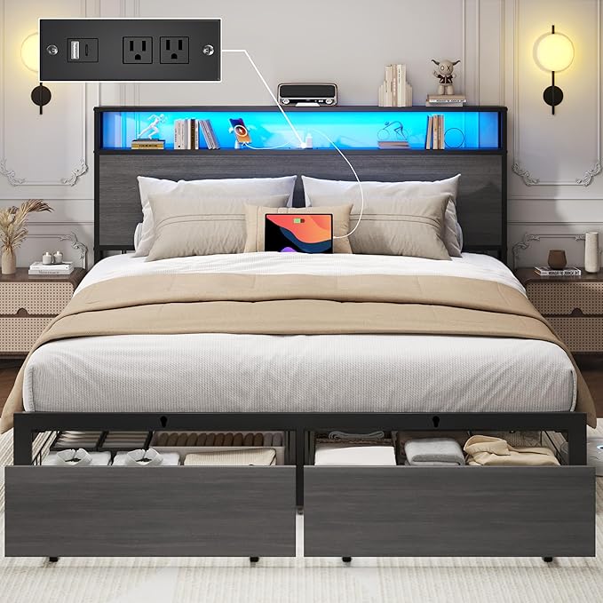 Lifezone Full Bed Frame with 2-Tier Storage Headboard, Metal Bed Frame with