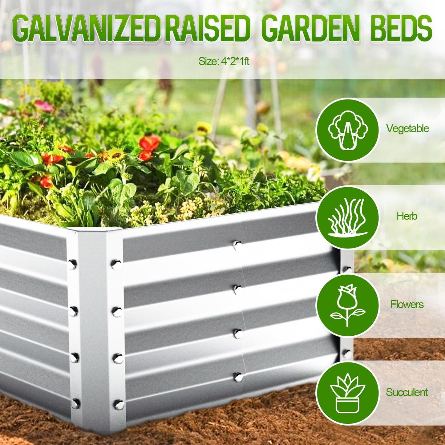 Highpro Galvanized Raised Garden Bed Kit, 4×2×1ft Planter Box for Outdoor Gardening and Planting, Large Bottomless Metal for Vegetables, Herb, Fruits, Flower, Silver