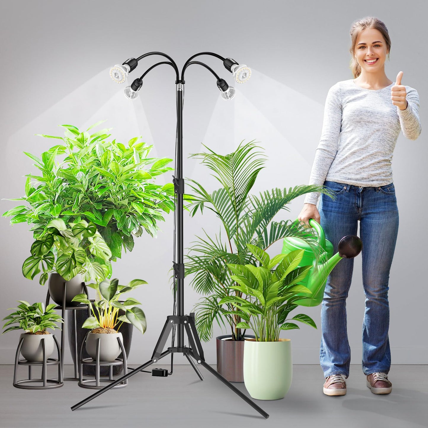SANSI Grow Lights for Indoor Plants, 4 Head Dimmable Plant Lights for Indoor Growing, 35"-64" Adjustable Tripod LED Grow Light Lamp with Remote Control Auto On/Off Timer 4 Pack of Par20 10W Bulbs