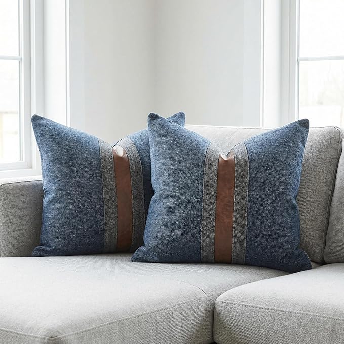 Set of 2 Leather Throw Pillow Covers Cotton Linen Decor Patchwork Pillow Cover