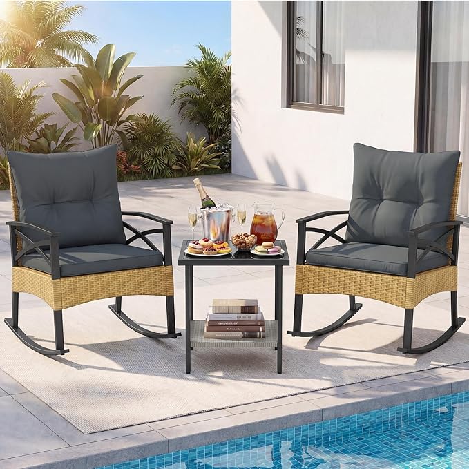 Tangkula 3 Pieces Outdoor Rocking Chairs Set, Rattan Heavy Duty Cushioned