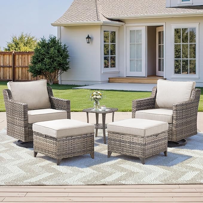 5 Pieces Outdoor Patio Furniture Set-All-Weather Wicker Patio Swivel Glider