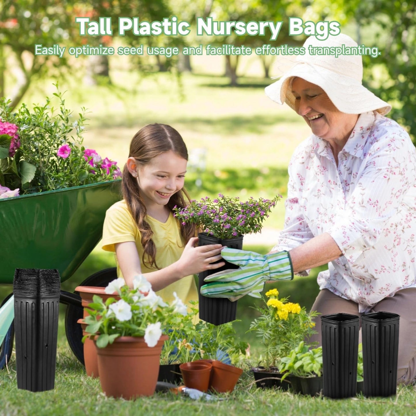 OMISTAR 50 Pcs Plastic Nursery Bags, Fruit Flower Grow Bags, Tall Square Plant Containers, Seedling Flower Starting Pots, Succulent Planters with Drainage Holes for Garden
