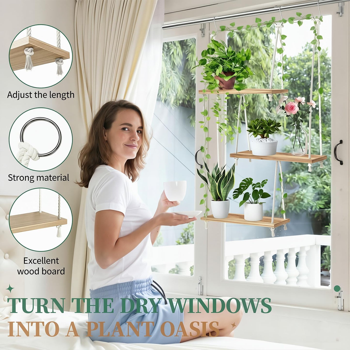 CMXZSAM Window Plant Shelves 3-Tier Boho Window Sill Plant Shelf Indoor Hanging Wood Window Plant Hanger for Plants Herb Garden, Flower, Succulents, Micro Greens, Seedling Pots Display Stand